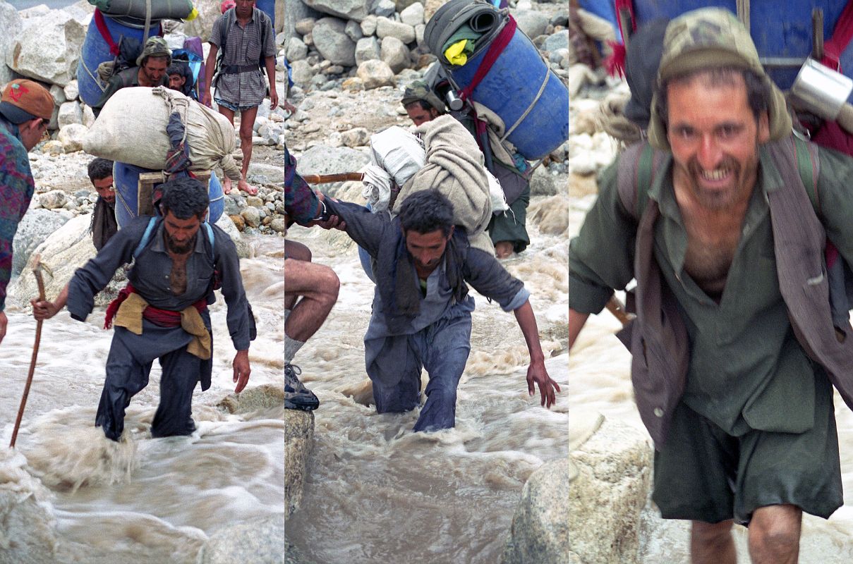 24 Porters Cross The Swollen River Descending From Paiju Glacier